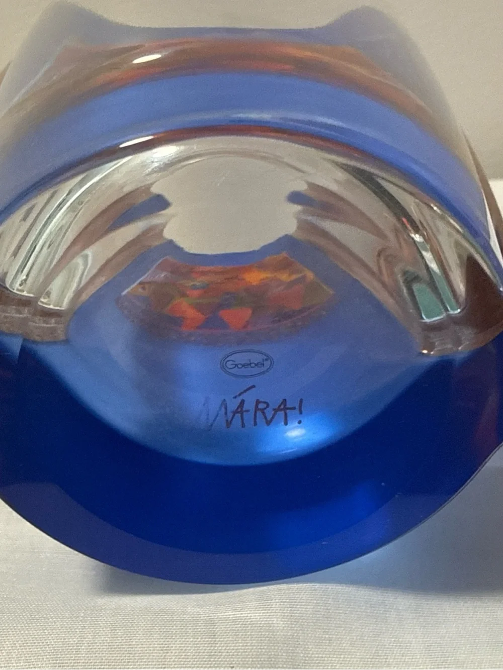 Goebel Blue Glass Vase with Multicolor Heart Motif signed MARA! 30cm tall